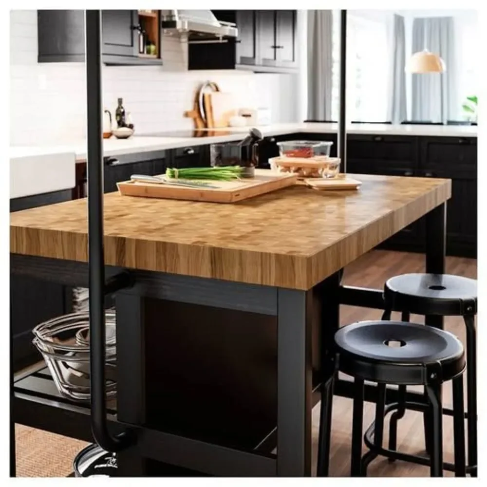 VADHOLMA Kitchen Island w/ Rack Black Oak Butcher Block Top 49 5/8” Excellent